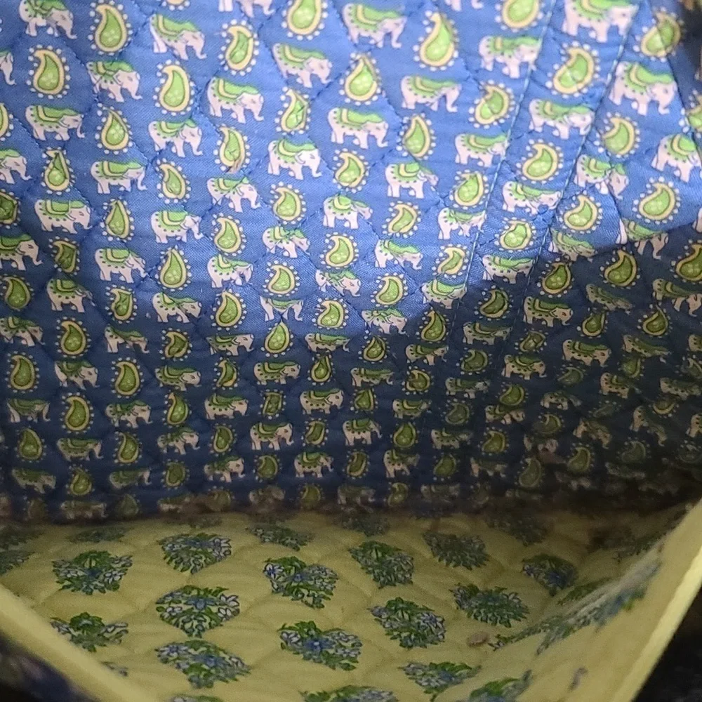 Vera Bradley Messenger Bag Chartreuse W/Blue Flowers Elephants Zips 13x16